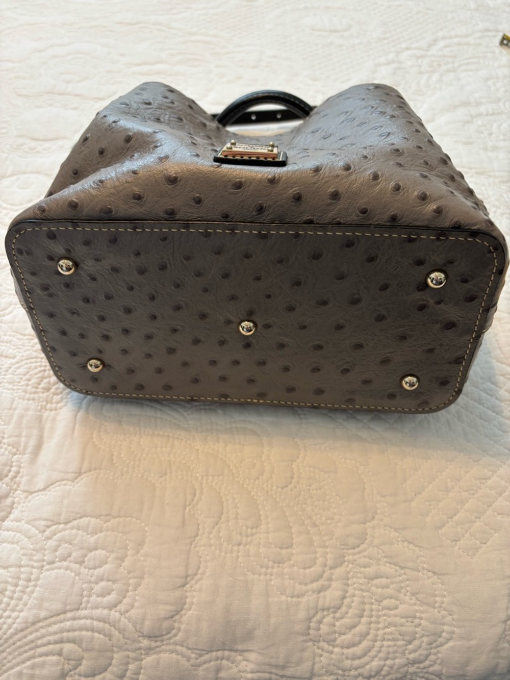 Dooney & Bourke Mini Barlow Gray Ostrich-Embossed Satchel with Black Handles - Picture 7 of 13